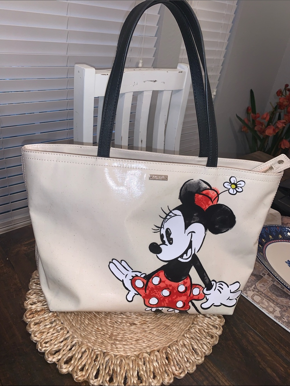 kate spade Disney storybook lining cream Minnie Mouse Tote with Black Handles